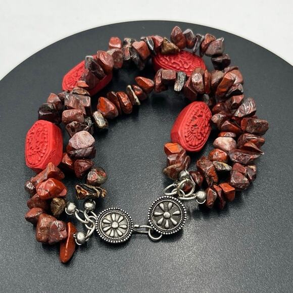 Vintage 925 Sterling Silver Garnet & Cinnabar Triple Strand 8” Bracelet 47.8g - Picture 4 of 11